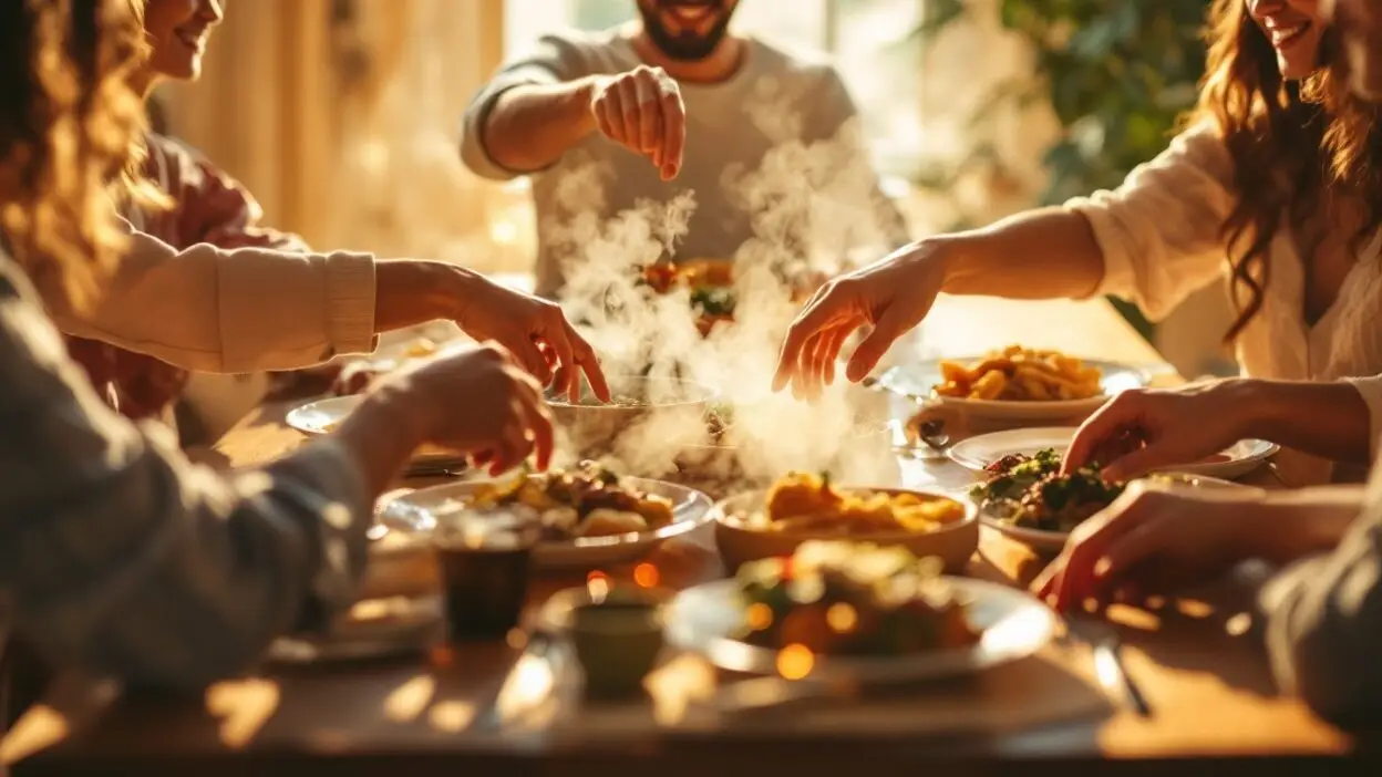 Friends enjoying a delicious, steaming meal together at a warm, inviting dining table.