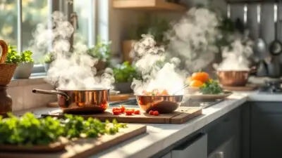 Steamy kitchen with copper pots, fresh ingredients, and herbs on wooden cutting boards near a sunlit window.