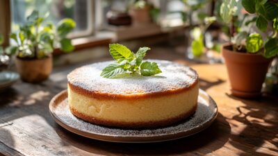 Homemade cake sprinkled with powdered sugar and garnished with mint leaves on a wooden table by the window.