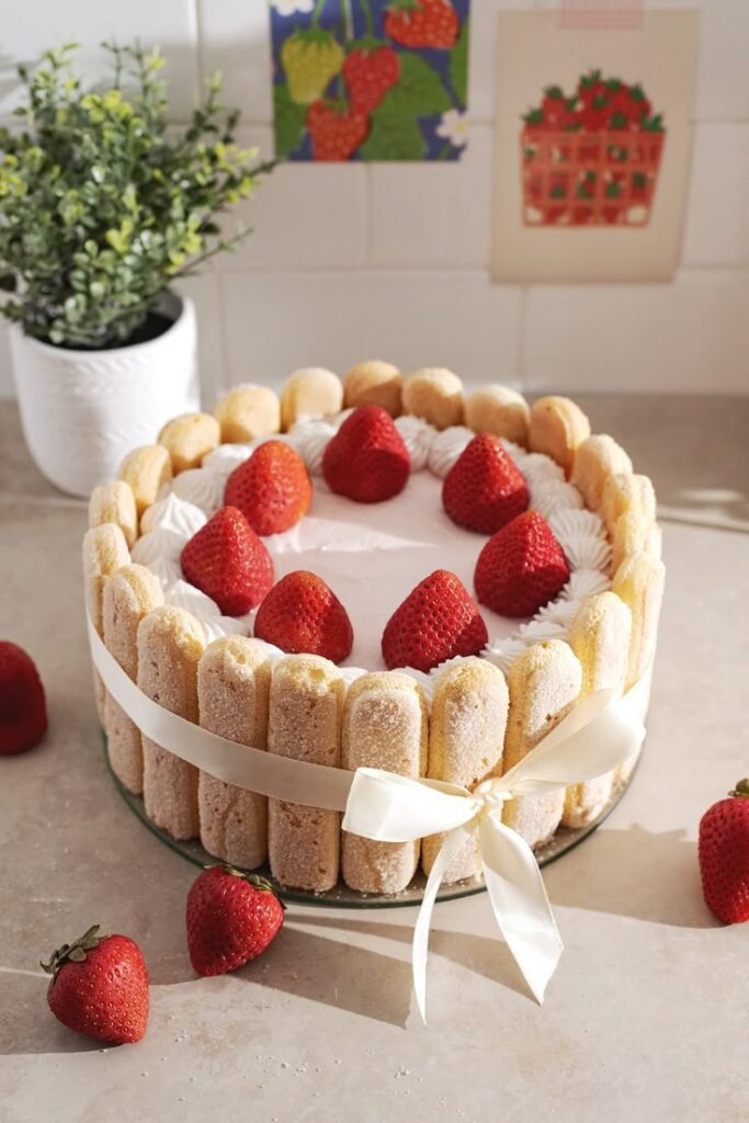 Strawberry charlotte cake with ladyfingers and whipped cream on a table, garnished with fresh strawberries.