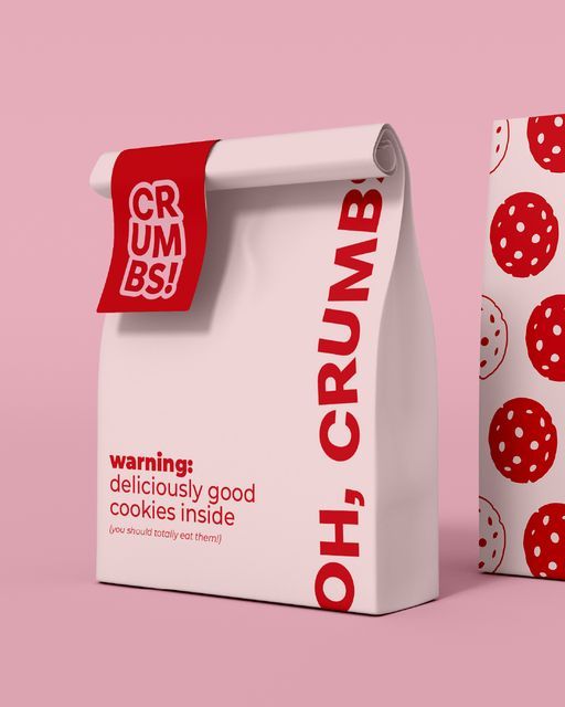 Cookie packaging with bold red text saying CRUMBS. Stylish design and playful warning about delicious cookies inside.