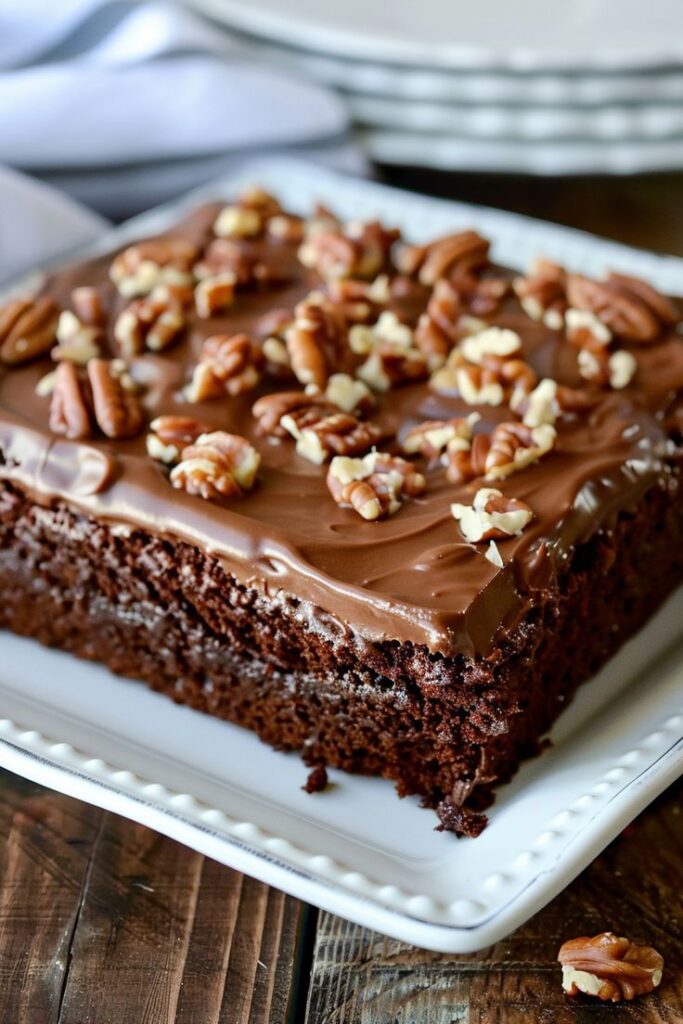 Chocolate cake with creamy frosting and pecans on a white plate.