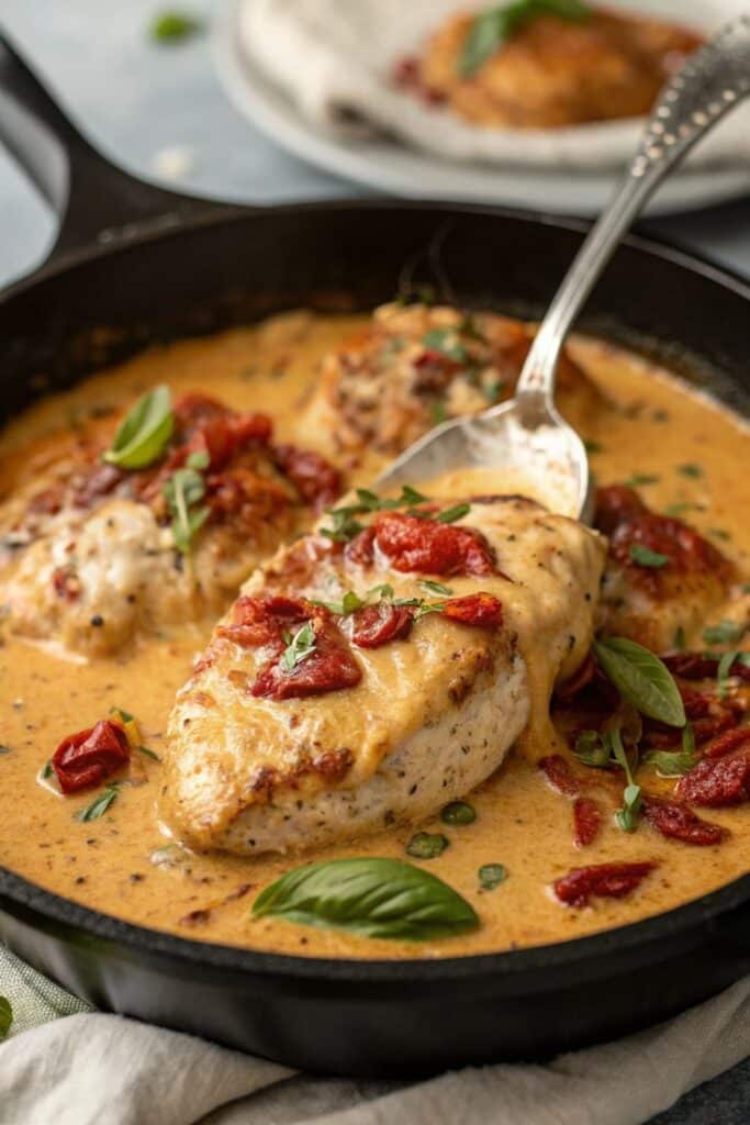 Creamy basil chicken in skillet with sun-dried tomatoes and herbs, gourmet meal preparation in sauce.