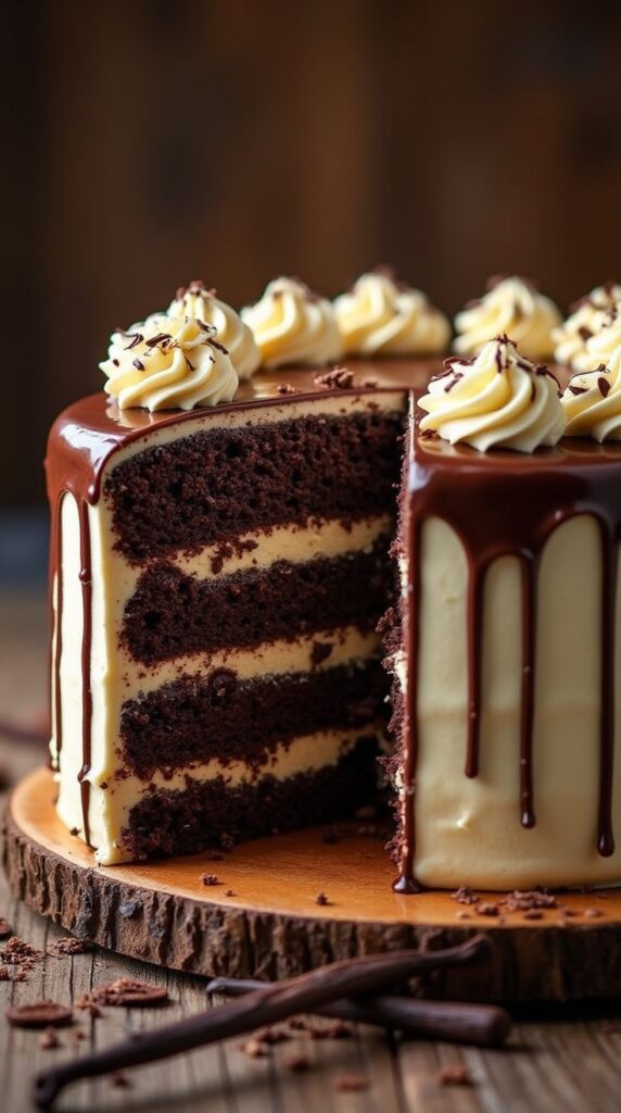 Decadent chocolate layer cake with creamy frosting and chocolate drizzle on rustic wooden platter.