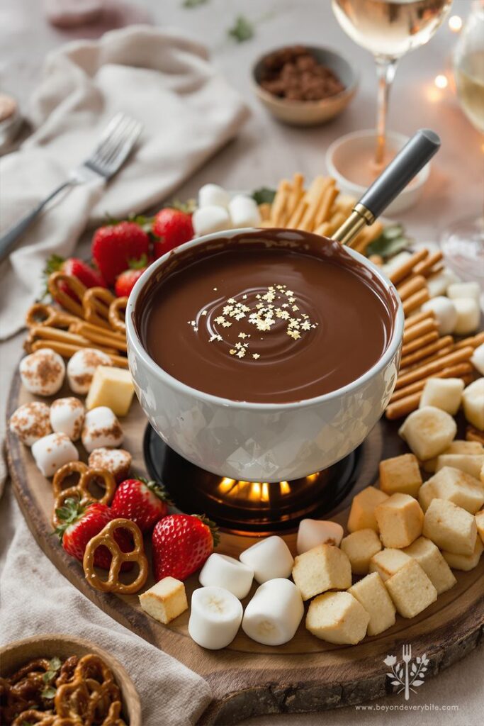 Chocolate fondue with strawberries, marshmallows, pretzels, and cake cubes on a wooden platter.