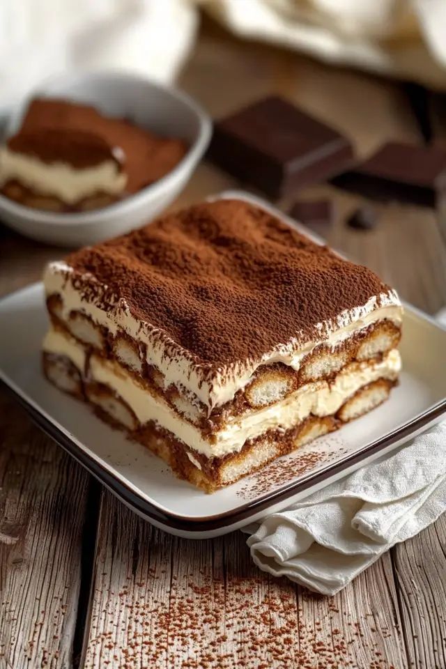 Delicious homemade tiramisu topped with cocoa powder on a rustic wooden table. Indulgent Italian dessert close-up.