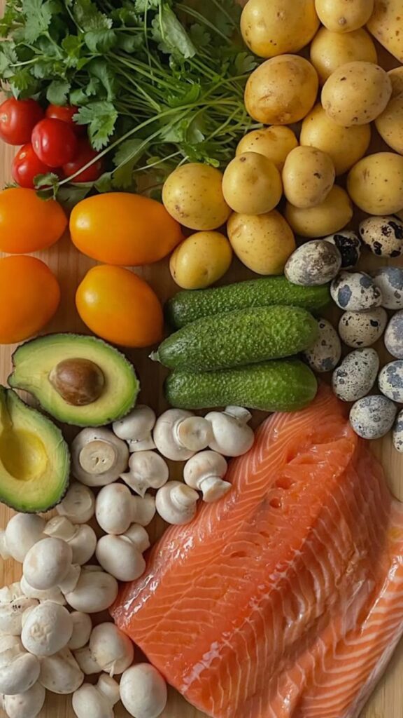 Fresh ingredients: salmon, potatoes, avocado, tomatoes, cucumbers, mushrooms, eggs, and herbs on a wooden board.