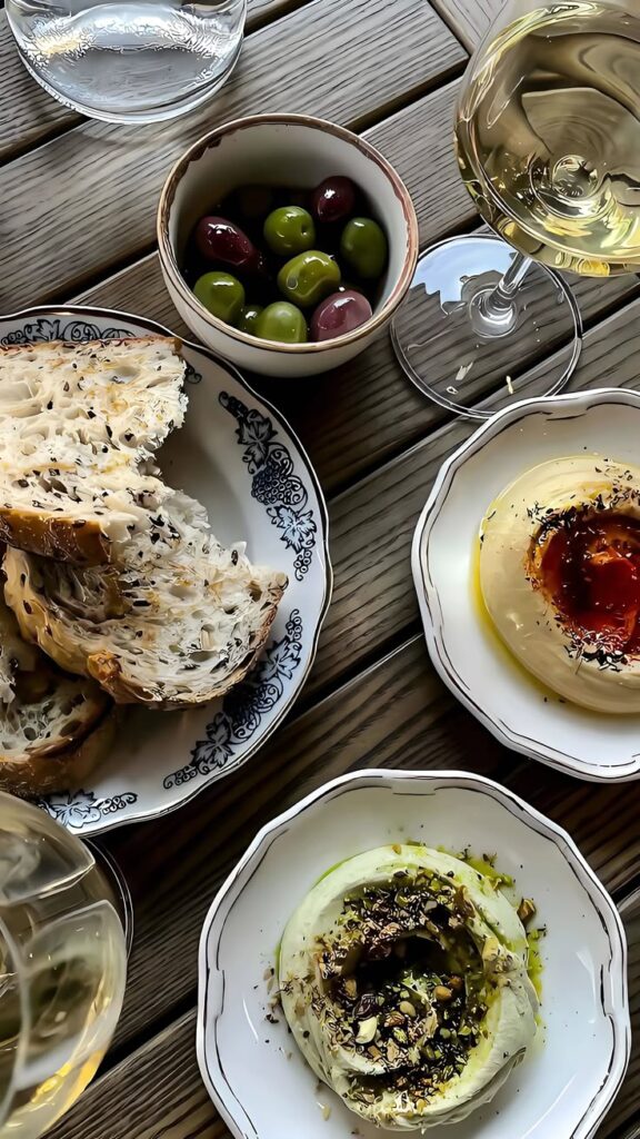 Elegant dining with bread, olive oil dips, mixed olives, and white wine on a rustic wood table.