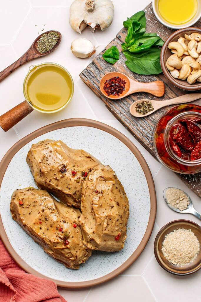Vegan Marry Me Chicken - Marry Me Chicken : Easy, Creamy, and Delicious Meal Marinated chicken with herbs, spices, and olive oil next to garlic, cashews, basil, and sun-dried tomatoes on a table.