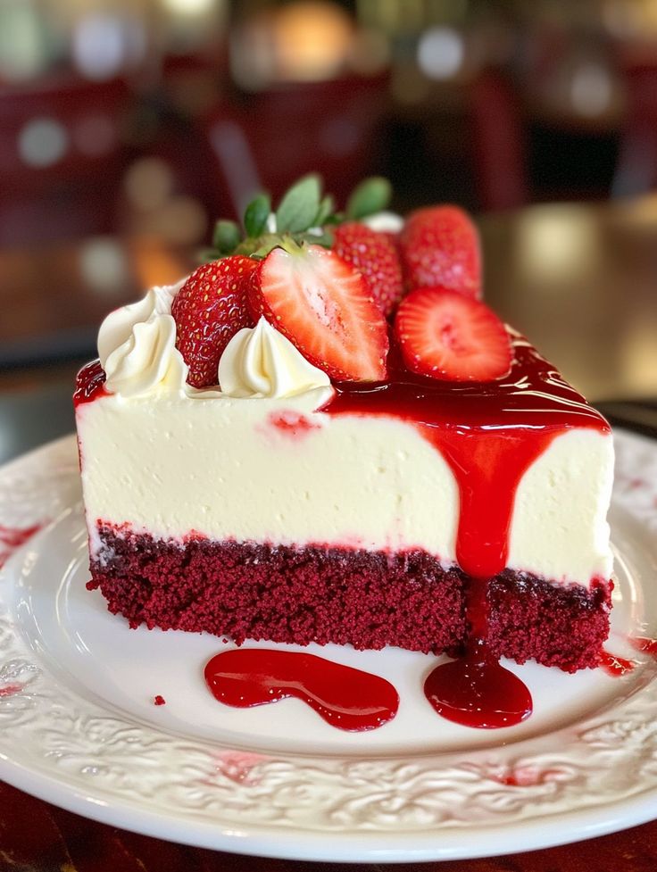 Delicious red velvet cheesecake topped with fresh strawberries and rich strawberry sauce on a white plate.