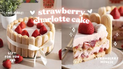 No-bake strawberry charlotte cake with ladyfingers and fresh strawberries, perfect gift idea.
