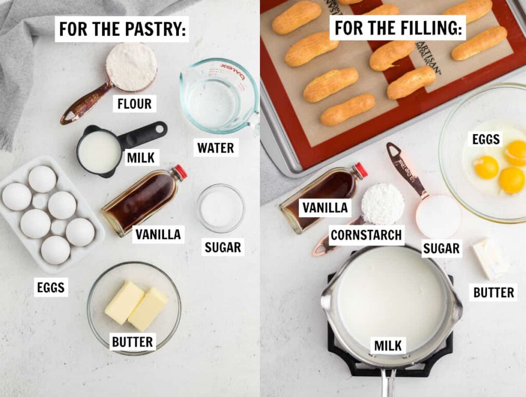 Pastry and filling ingredients for eclairs, including eggs, flour, milk, vanilla, cornstarch, sugar, and butter.