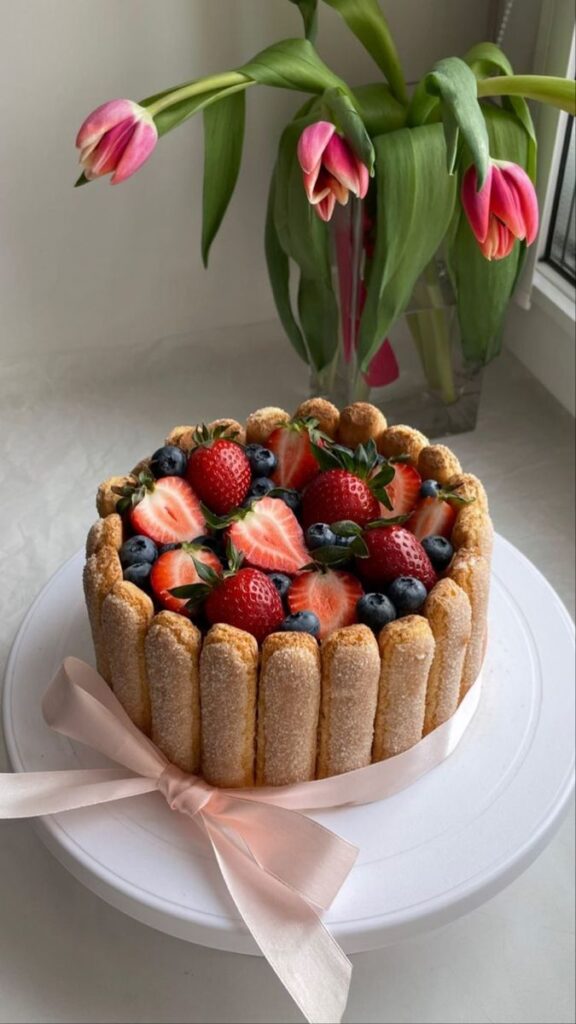 Charlotte cake with strawberries and blueberries on a stand, adorned with a pink ribbon, tulips in the background.