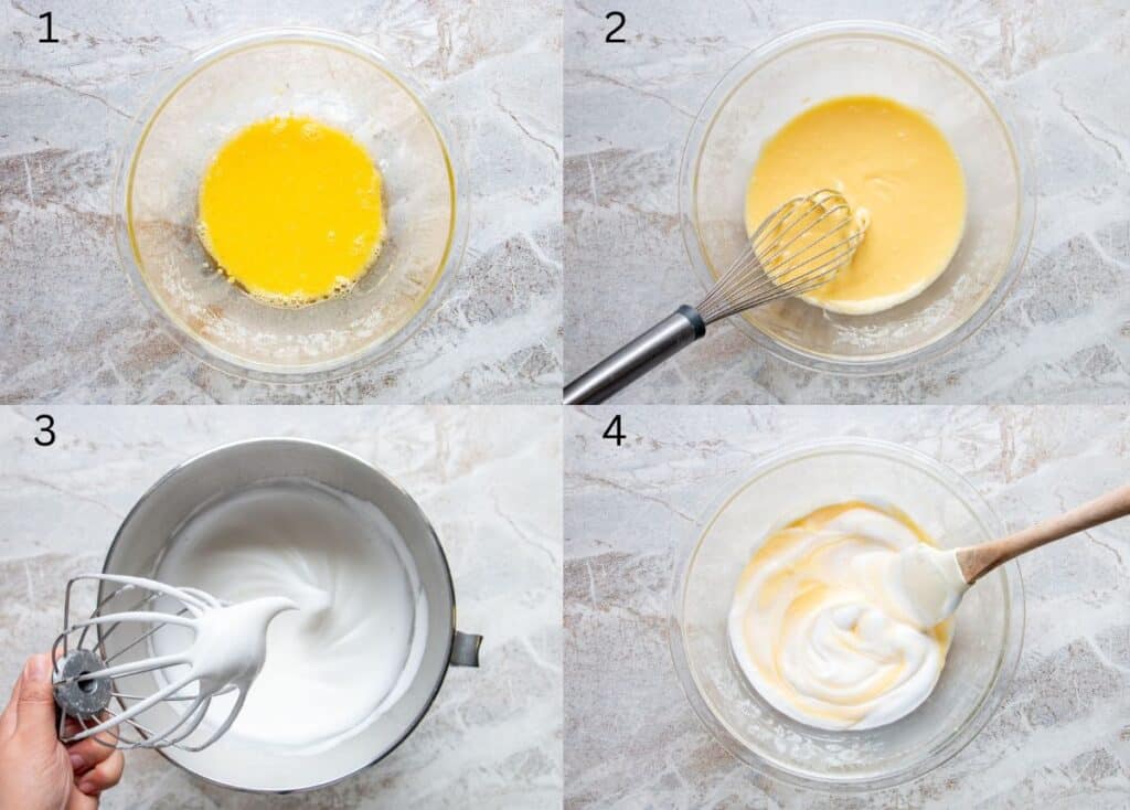 Step-by-step egg batter mixing process for a cake recipe, featuring whisking and folding techniques.