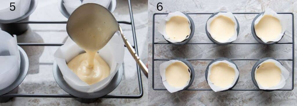 Pouring batter into lined baking molds, ready for oven. Six filled molds on a rack. Step-by-step baking preparation.