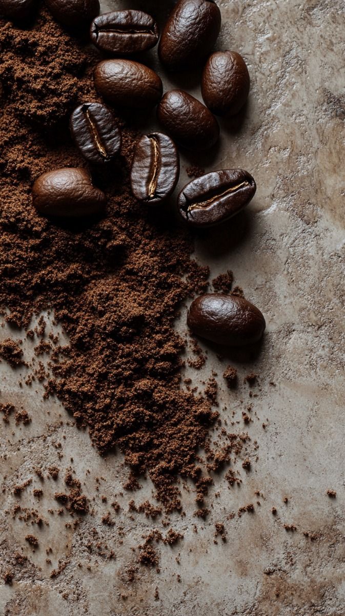 Roasted coffee beans with ground coffee on textured surface, emphasizing rich flavor and aroma.