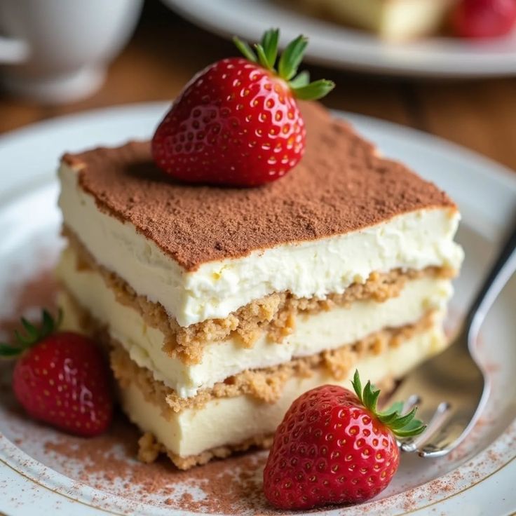 Delicious tiramisu dessert topped with fresh strawberries on a plate, ready to enjoy with a fork nearby.