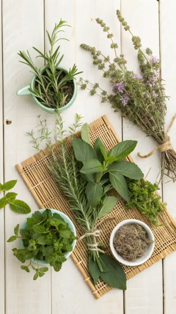 Fresh herbs and dried moss on a bamboo mat with a white background, perfect for cooking and holistic health.