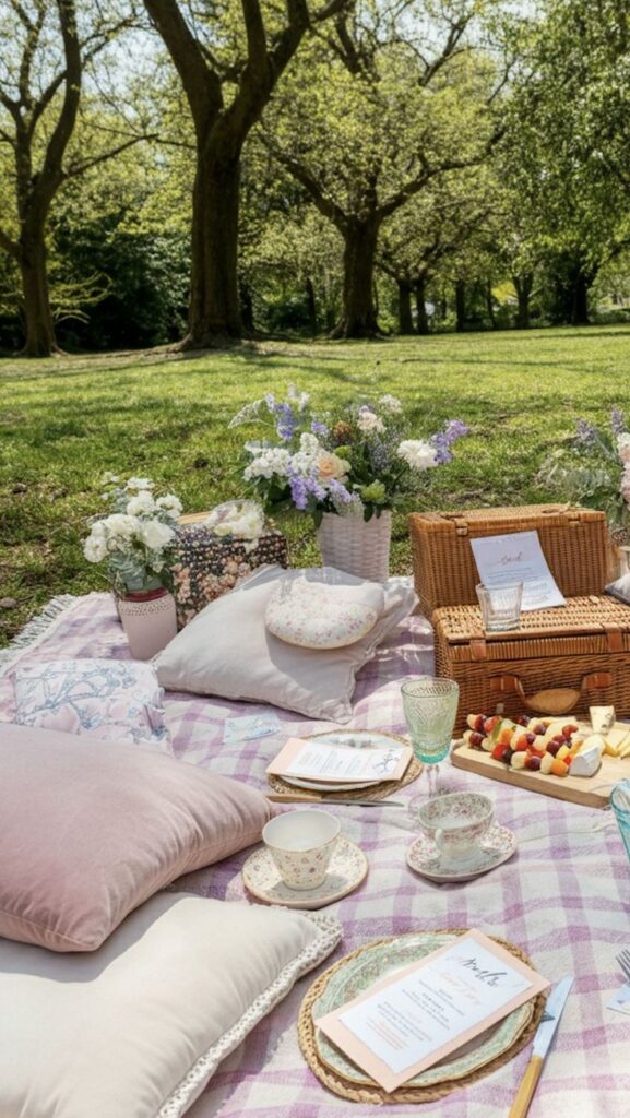 Outdoor picnic setup with cushions, flowers, wicker basket, and snacks on a plaid blanket under trees in a sunny park.