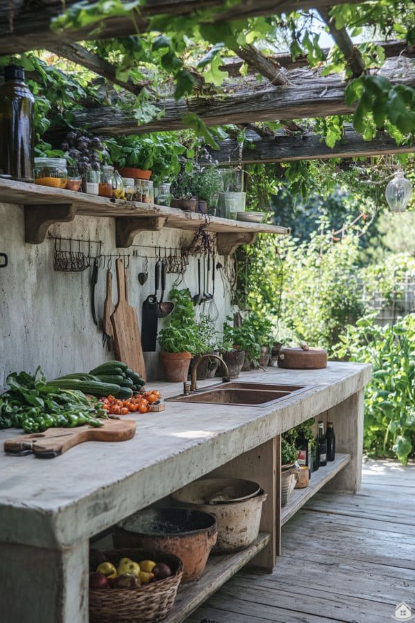 Rustic outdoor kitchen with wooden shelves, fresh vegetables, herbs, and greenery under a pergola. Cozy, natural setting.