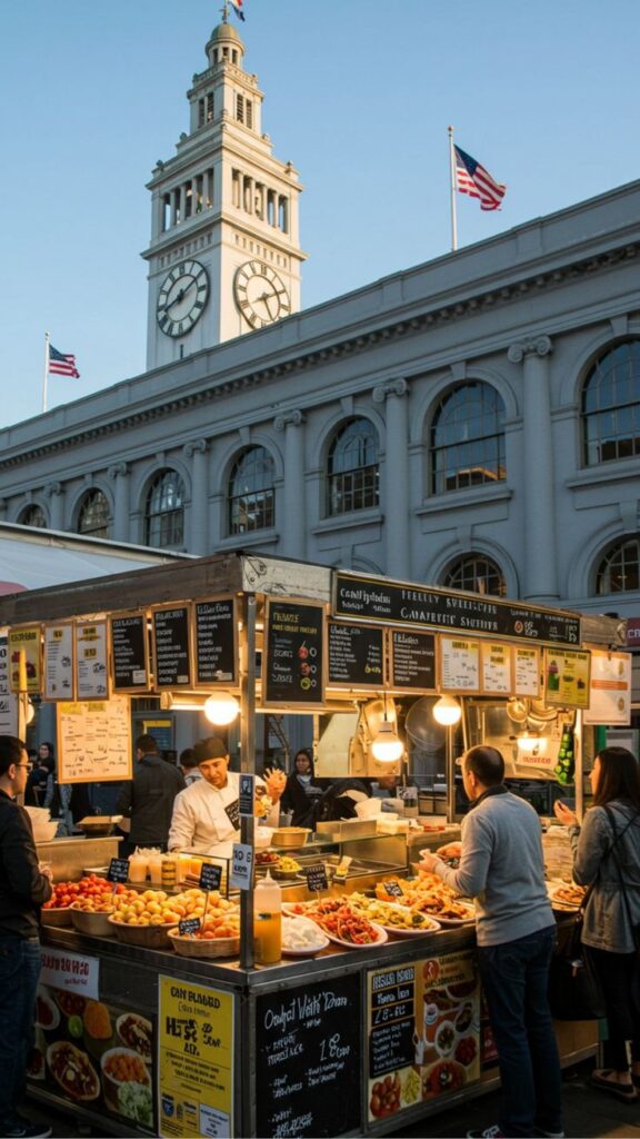 Street market in front of a historic building with clock tower, offering diverse food stands, and people browsing.