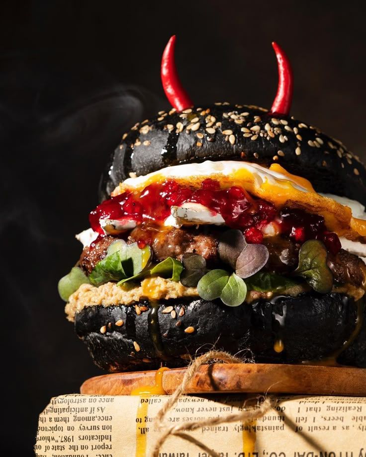 Gourmet black sesame bun burger with fried egg, greens, and sauce, topped with red chili horns for a spicy twist.