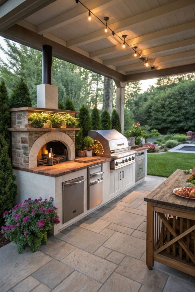 Outdoor kitchen with grill, pizza oven, and countertops under pergola surrounded by greenery at sunset.