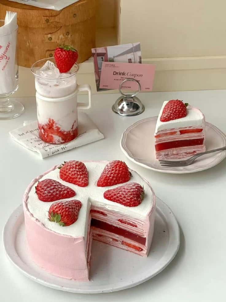 Strawberry layer cake and drink on a table, topped with fresh strawberries and cream, perfect dessert setting.