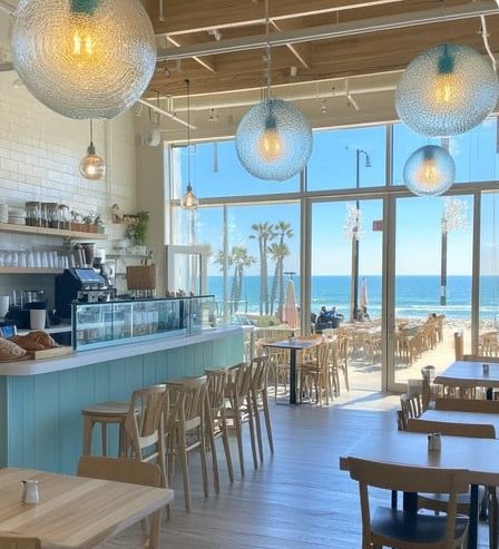 Bright beachfront cafe interior with ocean view, wooden furniture, and decorative hanging lights.