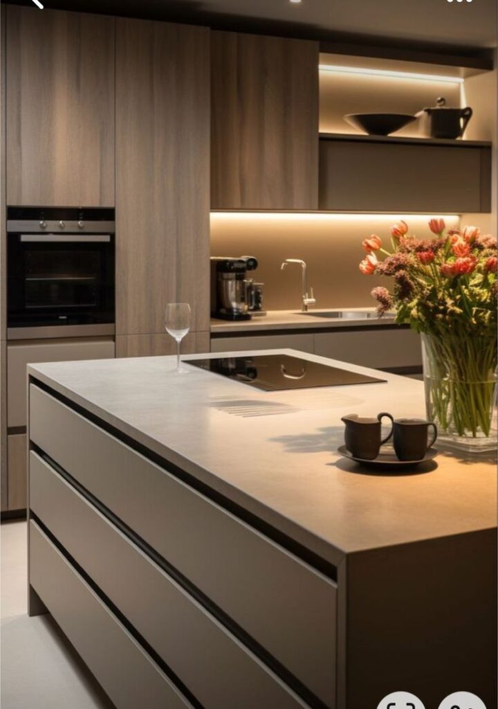Modern kitchen with wooden cabinets, island, and elegant decor featuring flowers and a coffee setup.
