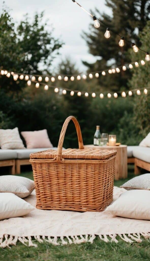 Wicker picnic basket on blanket in cozy outdoor setting with string lights and cushions.