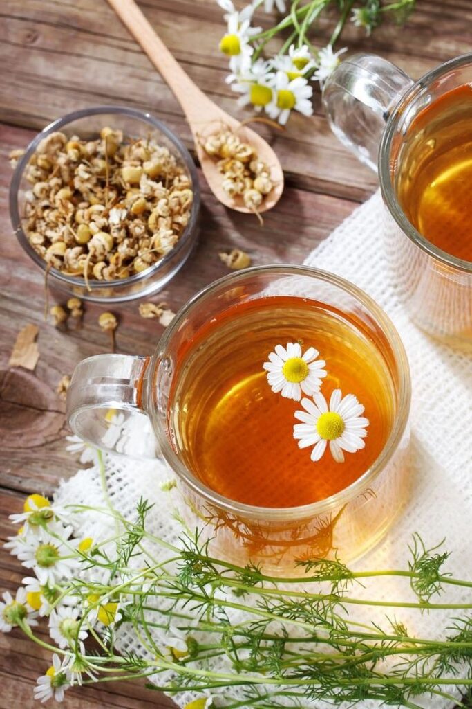 Glass mug of chamomile tea with fresh daisies and dried flowers on wooden table, perfect for relaxation.
