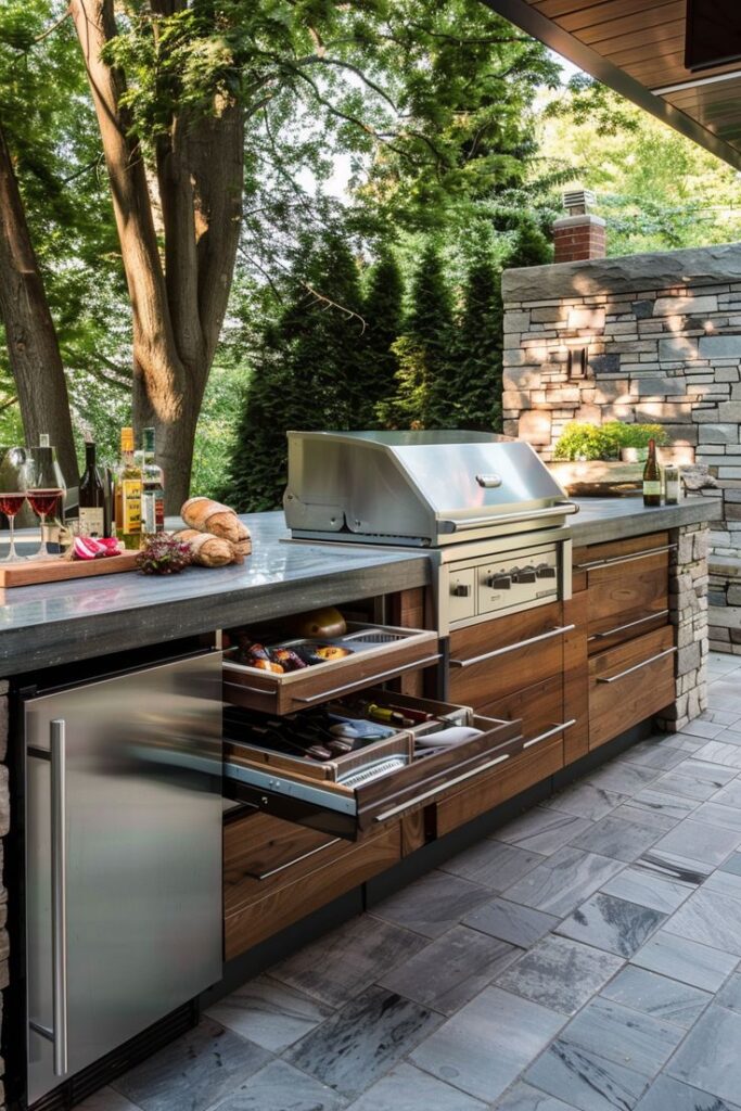 Outdoor kitchen with grill, open drawers, wine, and bread on a countertop amidst lush greenery and stone walls.