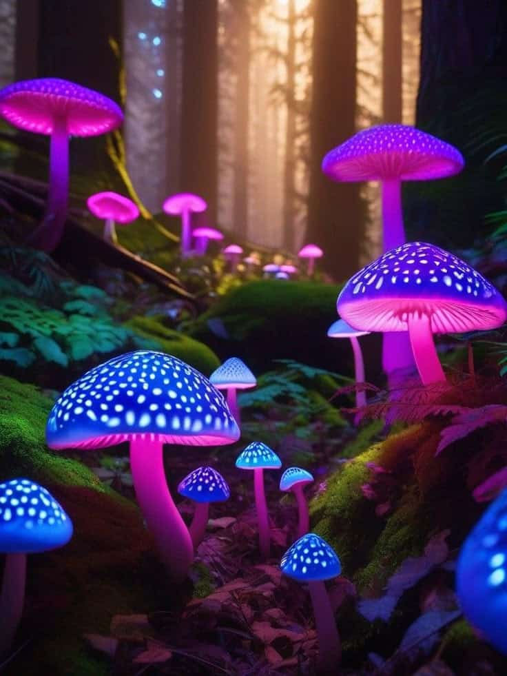Glowing bioluminescent mushrooms in a mystical forest setting with vibrant blue and pink hues.
