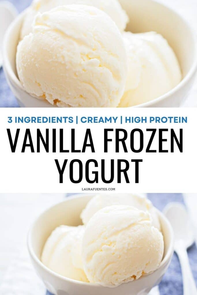 Creamy vanilla frozen yogurt in a bowl, made with 3 ingredients, high protein dessert.