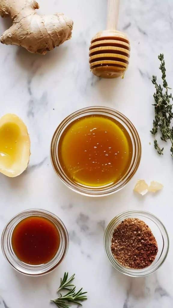 Honey, ginger, and herbs on marble, ideal for natural remedy recipes or culinary inspiration.