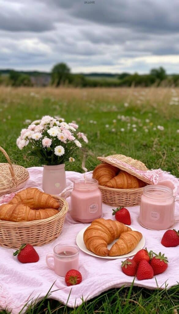 Picnic scene with croissants, strawberries, pink candles, and flowers on a blanket in a field under cloudy skies.