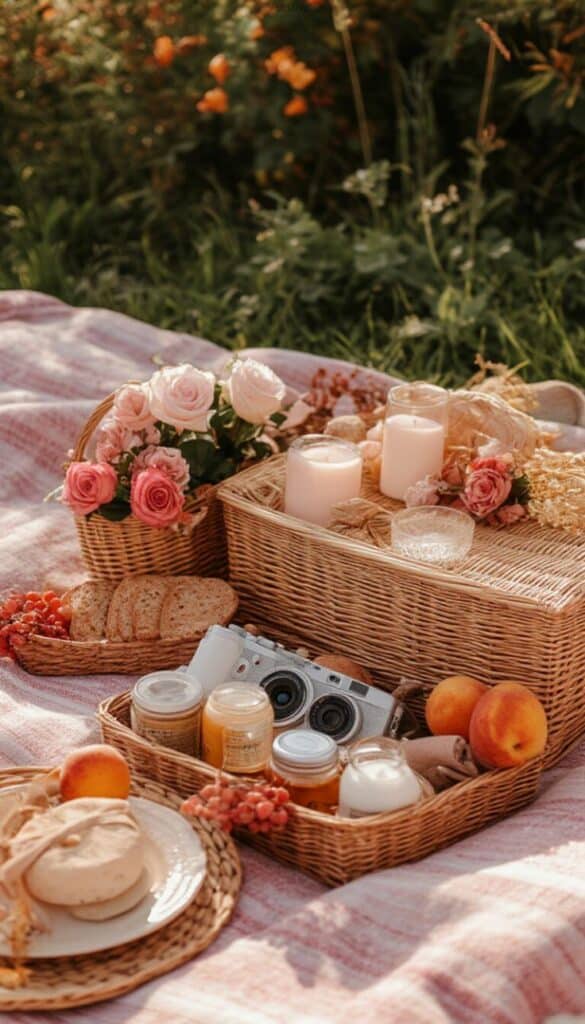 Scenic picnic setup with wicker baskets, assorted snacks, and flowers on a blanket in a garden setting.