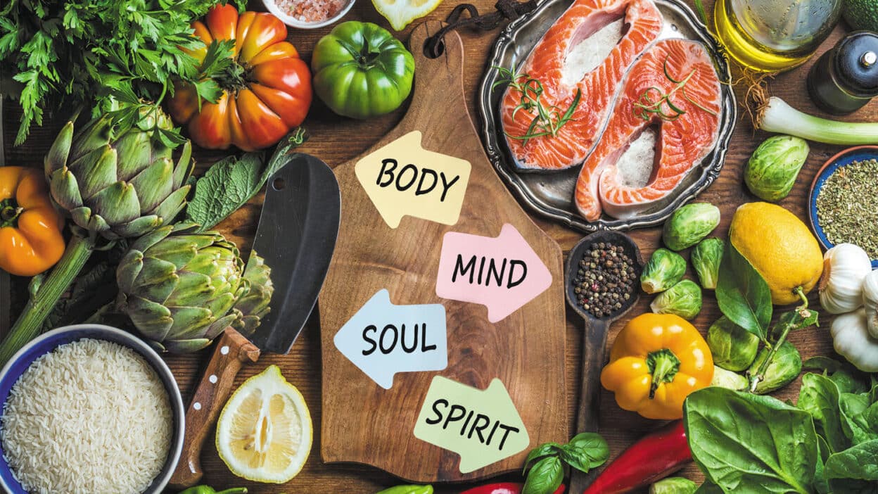 Fresh ingredients with notes reading Body, Mind, Soul, and Spirit for holistic health and wellness focus.