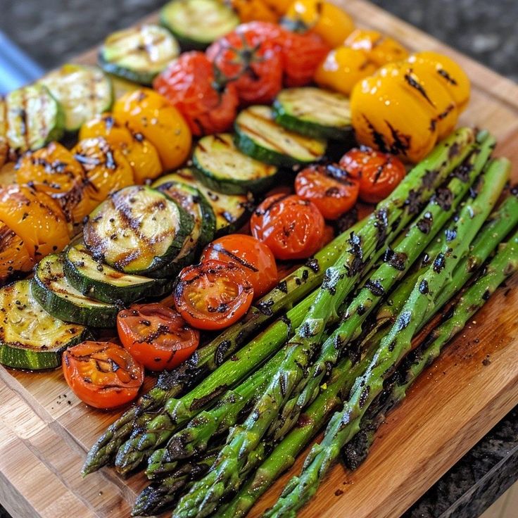 Grilled vegetables on a wooden board, including asparagus, tomatoes, zucchini, and yellow bell peppers.