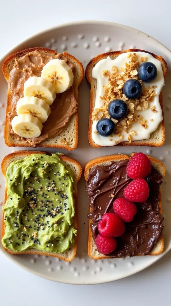 Assorted gourmet toasts with banana, berries, avocado, and chocolate spread on a ceramic plate for a delicious breakfast.