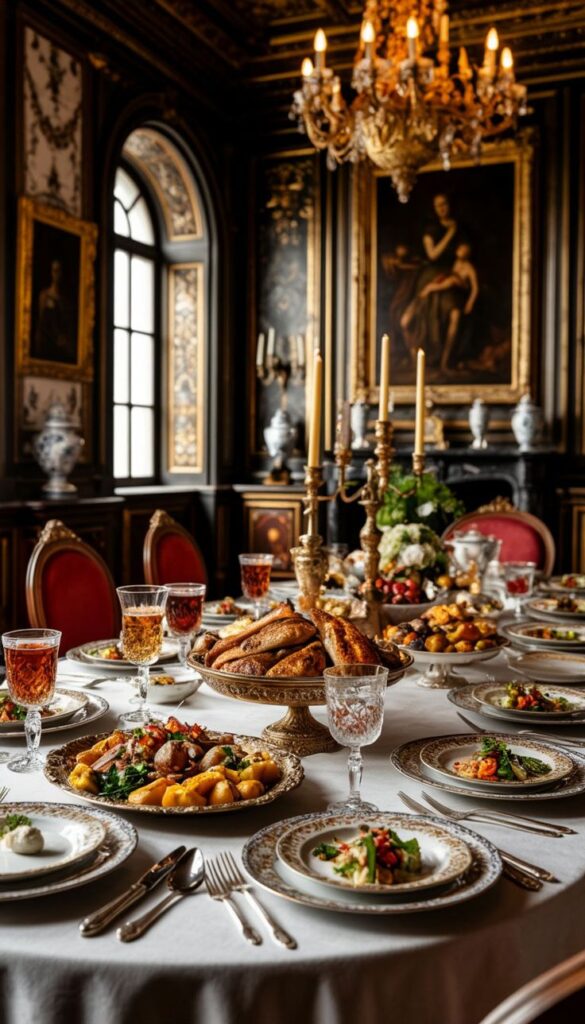 Luxurious dining room with elegant table setting, gourmet dishes, and candlelit chandelier.