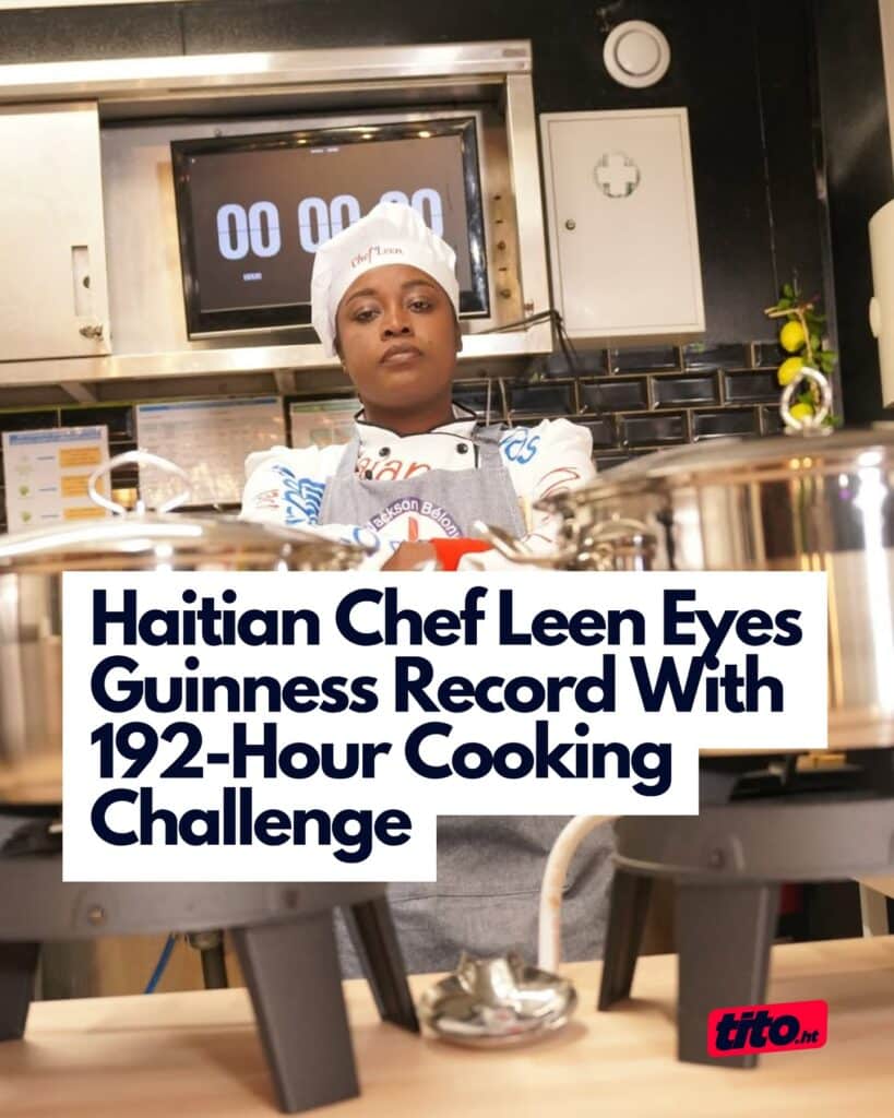 Haitian chef prepares for a 192-hour Guinness cooking record attempt in a professional kitchen setup.
