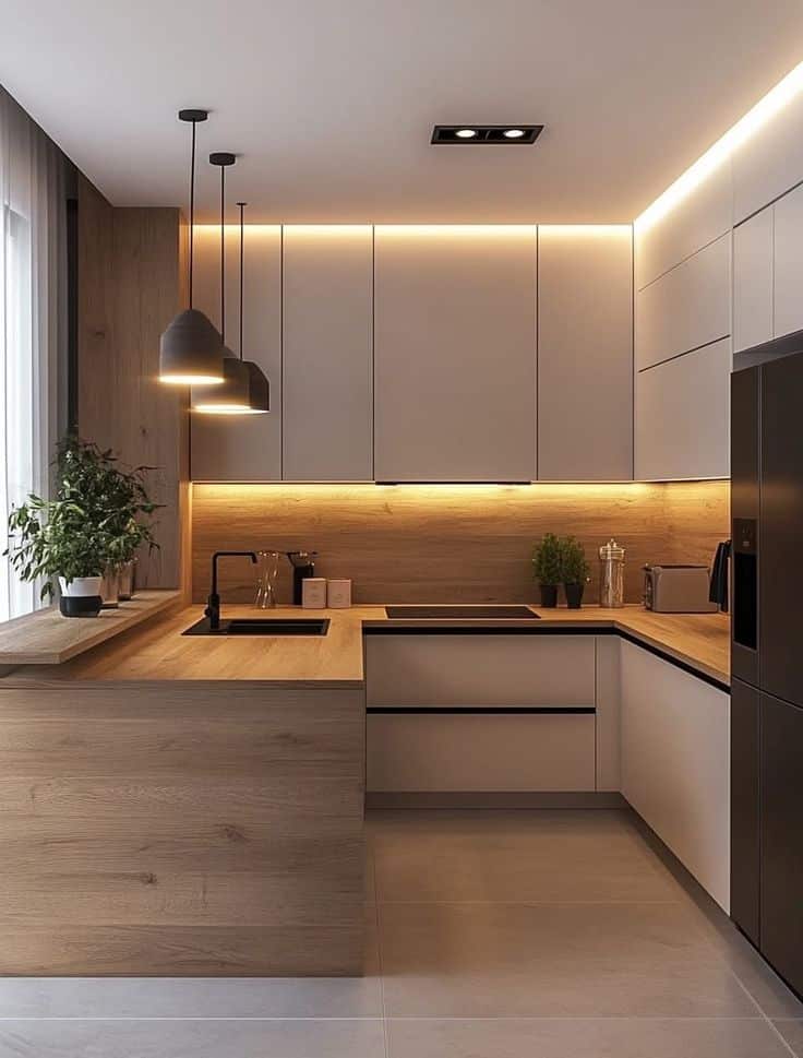 Modern kitchen with wooden cabinets and ambient lighting, featuring a sleek countertop and stainless steel appliances.