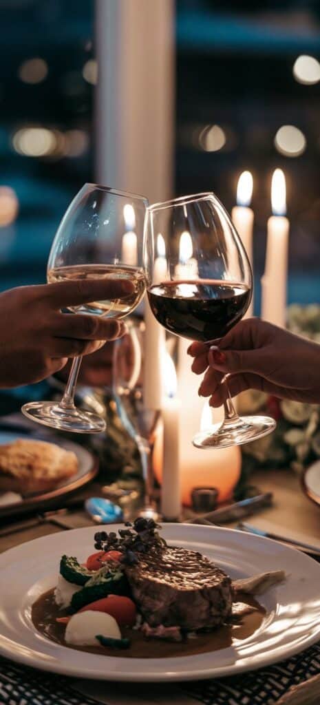 Romantic dinner with lit candles, steak dish, and clinking wine glasses for a perfect evening ambiance.