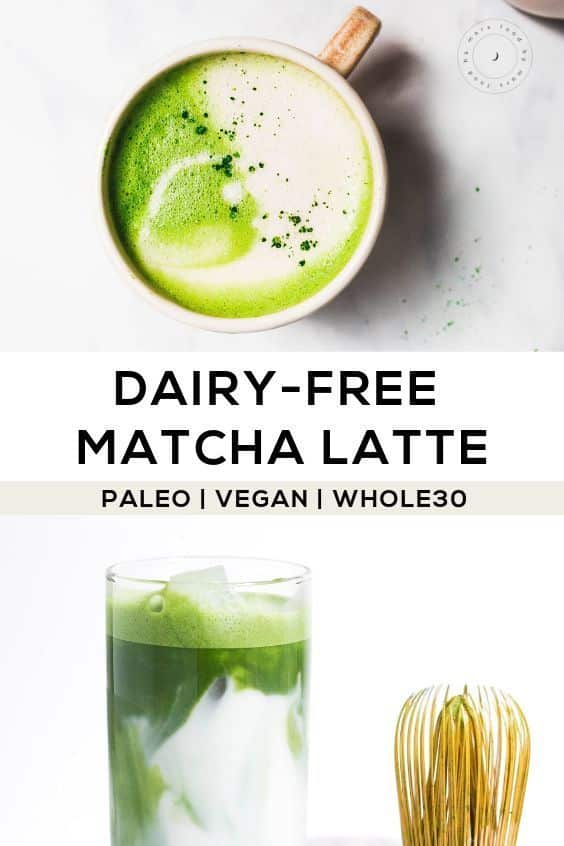 Dairy-free matcha latte in cup and glass, suitable for Paleo, Vegan, and Whole30 diets.