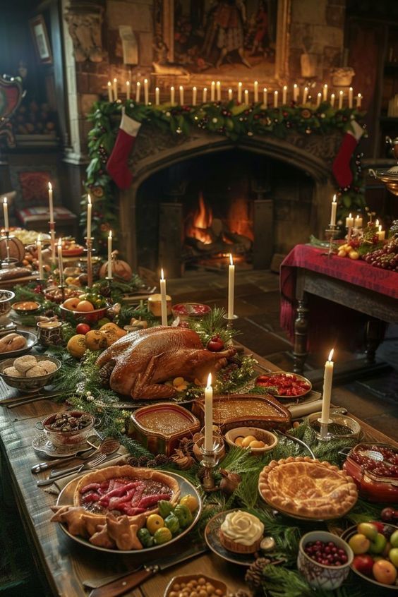 Cozy festive feast with turkey, pies, and decorations by a fireplace. Candles create a warm, inviting holiday atmosphere.