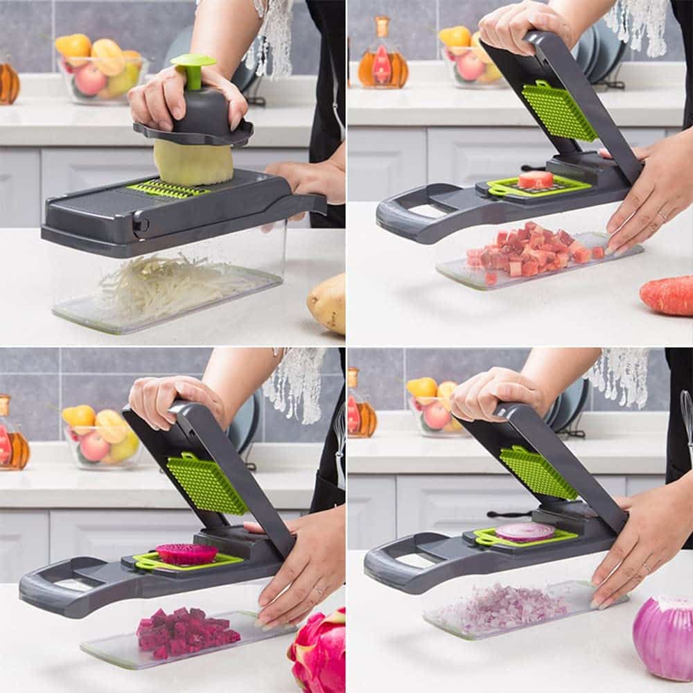 Vegetable slicer demo: slicing potatoes, carrots, dragon fruit, and onions in a kitchen setting.