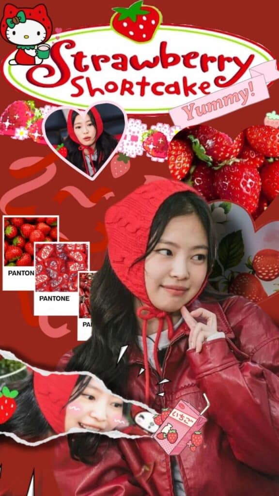Collage featuring strawberries, a person in red attire, and Strawberry Shortcake theme elements. Yummy vibes.