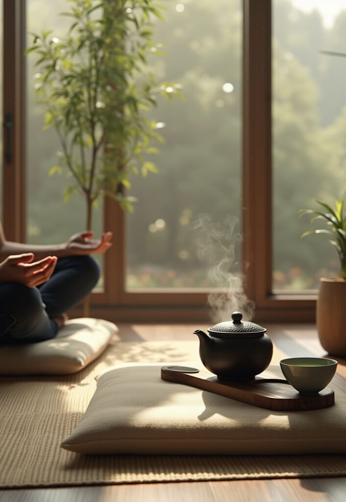 Tranquil meditation setting with steaming teapot, cup, and greenery by a sunlit window.